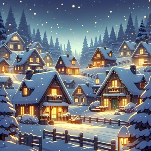 Create a charming winter village scene in a cartoon style set at...