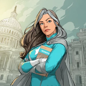 Illustrate a scene featuring a powerful plus-size woman with bro...