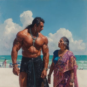 Hyperrealism,oil painting.a muscular sweaty indian  villain man,...