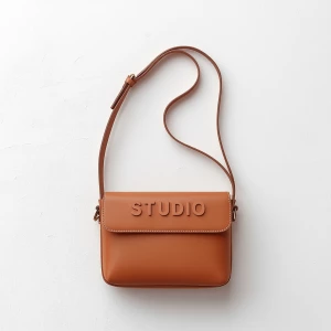 Create a minimalist flat lay composition with a shoulder handbag...