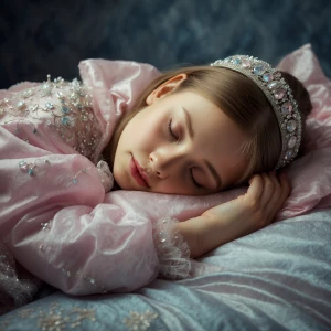 A teenage girl dressed as a princess sleeping