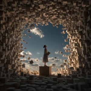Woman opens a box inside a box to infinity surrounded by boxes