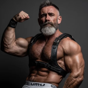 The image depicts a muscular, gray bearded man posing in a mascu...