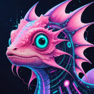 A retro-futuristic quantum quillback adorned in pastel pinks and...