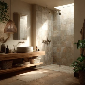 Generate a realistic image of a compact beige bathroom interior...