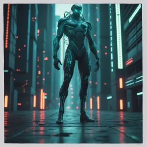 In the midst of a neon-lit cyberpunk metropolis, a towering alie...