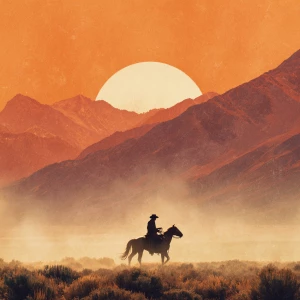 A lone cowboy on horseback rides across wide open prairies at su...