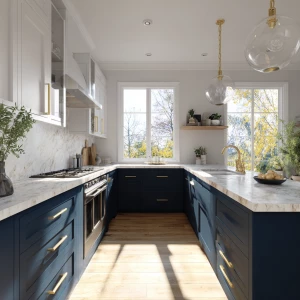 Generate a realistic image with navy blue lower cabinets, white...