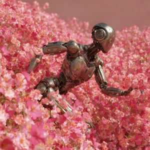 A sleek, metallic robot gracefully dancing amidst a sea of vibra...