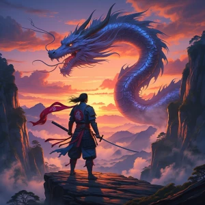 A lone samurai standing on a jagged cliff at dusk, facing a mass...