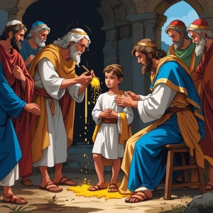 Illustrate the ancient scene where Prophet Samuel anoints the Yo...