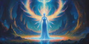 In a luminous realm beyond our own, an otherworldly being shimme...