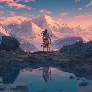 A majestic anime illustration of Lord Shiva standing on an ancie...