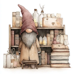 Vintage watercolor illustration, cozy valentine gnome librarian...