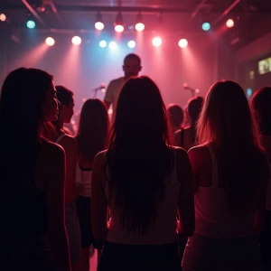 Generate an image of a nightclub scene featuring a group of youn...