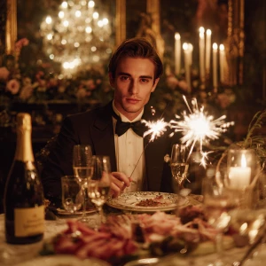 A elegant man sitting at a beautifully arranged New Year's dinne...