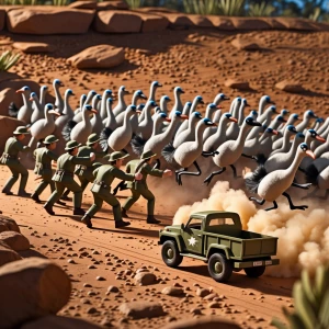 Stop-motion animation scene inspired by the Great Emu War. Handm...