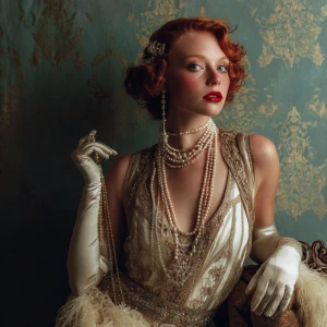A redhead supermodel dressed in 1920s clothes high end luxury si...