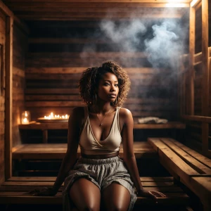 A young black woman wearing casual attire, sitting inside a saun...