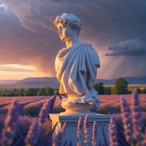 Storm over lavender fields, impressionist style Greek statue bat...