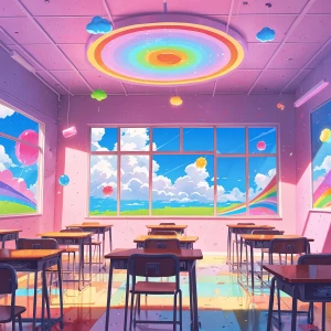 candy classroom, rainbow walls, cloud desks, neon ABC, sparkle c...