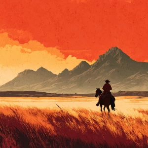 A lone cowboy on horseback rides across wide open prairies at su...