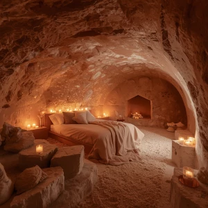 Create an enchanting image of "Bedroom 5 – Pink Salt Cavern": Yo...