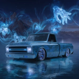 A classic chrome  blue  paisley  print C10 truck with custom rim...