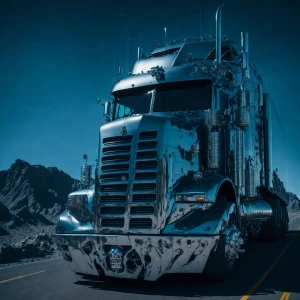 "A highly detailed, chrome-plated semi-truck with a menacing sku...