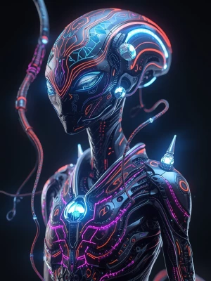 Create a futuristic alien creature with intricate bioluminescent...