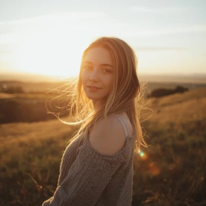 Golden-hour portrait of a woman on a windy hill, soft lens flare...