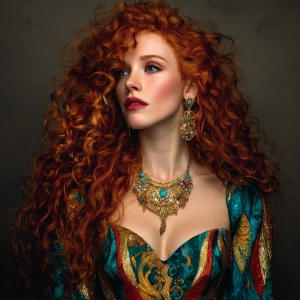 Create an image of a stunning woman with long, vibrant curly red...