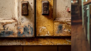 Capture a detailed close-up of aged kitchen cabinets showing gre...