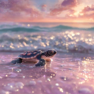 A baby sea turtle named Tika making its way across the damp, yie...