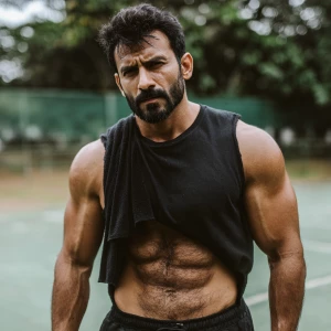 The image shows a man with a muscular, hairy physique standing o...