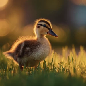 A baby call duck waddles gently through soft green grass in warm...