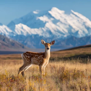 Freckles the baby fawn stands in the vast tundra meadow with Mou...