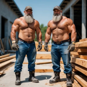 2 shirtless bearded men 55 years old, muscular, beefy wearing bl...