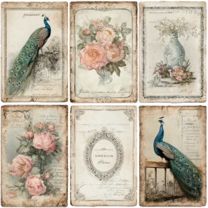 Print-ready vintage ephemera sheet with 6 coordinated shabby-chi...