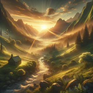 A peaceful mountain valley at sunrise, golden light spreading ov...