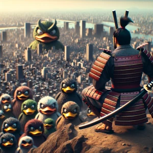 A samurai warrior, perched atop a hill overlooking the sprawling...