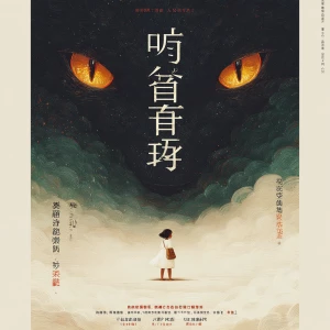 A giant black creature with glowing amber eyes lurking in darkne...