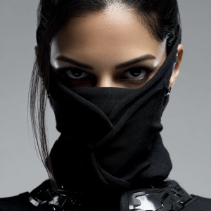 A sleek curvy puerto Rican female Ninja assassin warrior in Blac...
