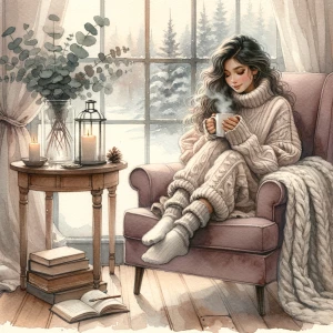 Soft vintage watercolor illustration, cozy winter self-care scen...