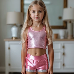 Blond long hair little kid girl in pink shiny satin brillant che...