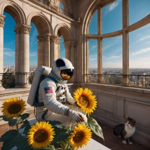 An astronaut painting a sunflower in zero gravity A cat studying...