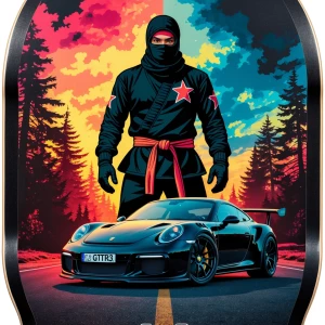 “Ontwerp een skateboard deck‑graphic: bovenkant zwarte griptape...