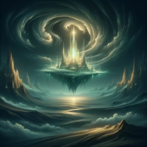 A mysterious luminescent floating island, bathed in an eerie glo...