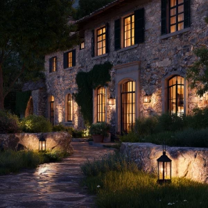Create an image of an Italian villa exterior at twilight with wa...