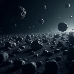 Create a realistic depiction of an asteroid field floating in de...